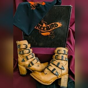 Freebird Women's Belladonna Brown Multi-Strap Heeled Boots